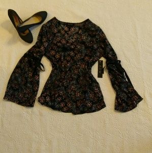 Tie Bell Sleeve Blouse